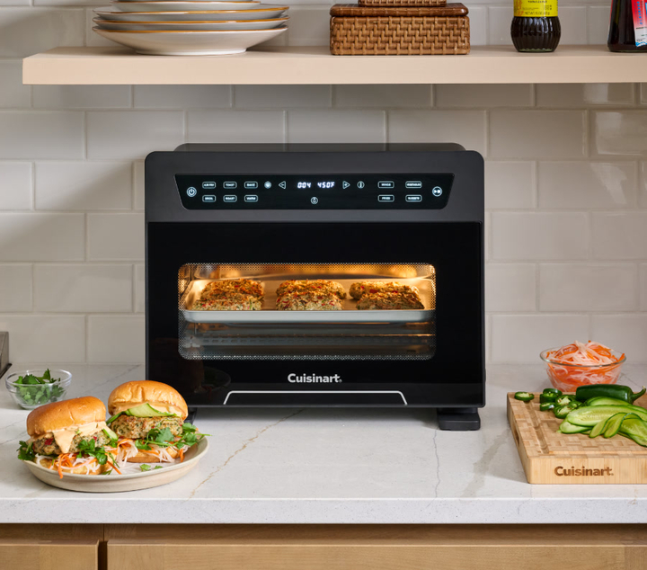 10-in-1 Digital Toaster Oven Air Fryer with chicken burgers on the left
